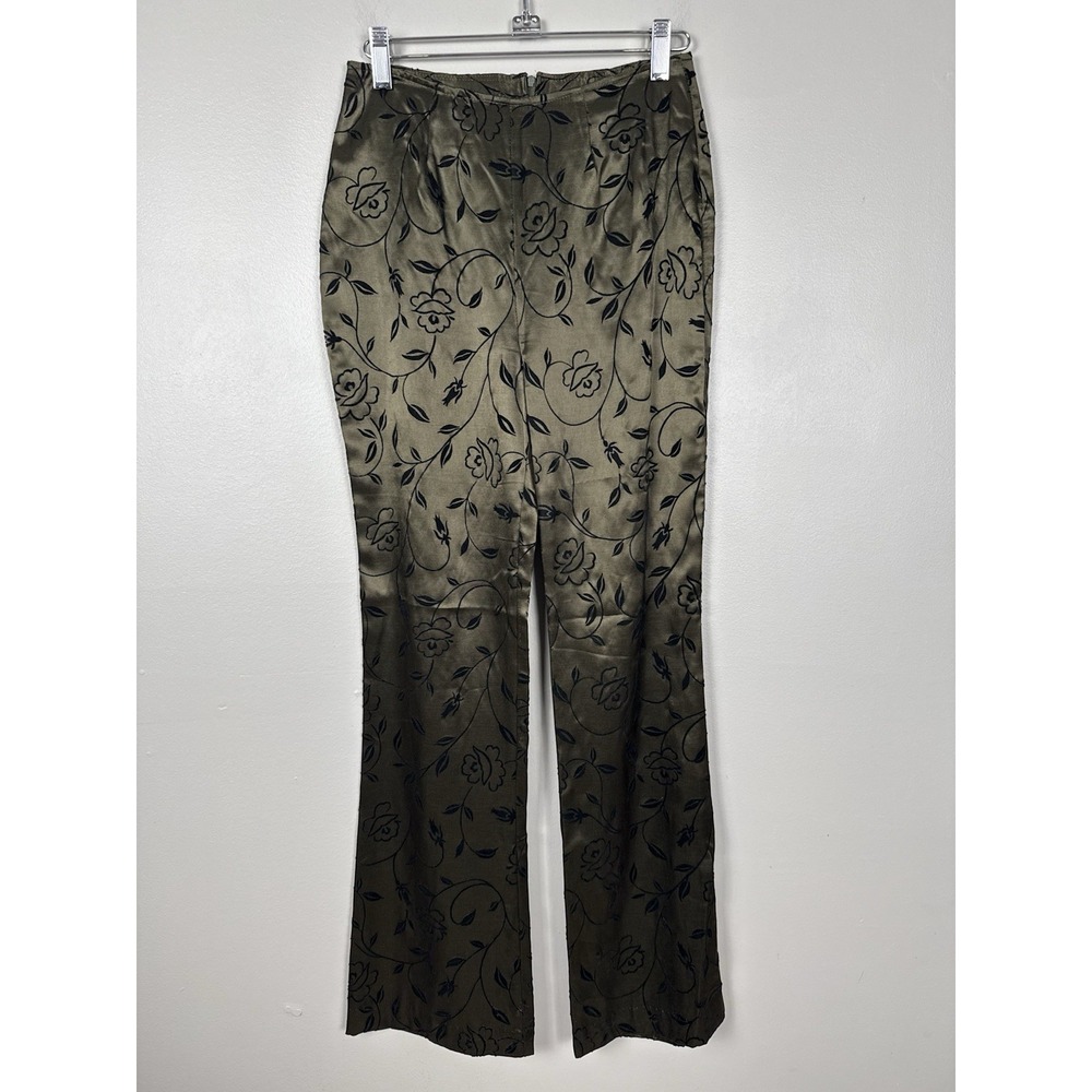 Vintage Streetwear Y2K Green Satin Floral‎ Flare Pants USA Made Fairy Whimsical